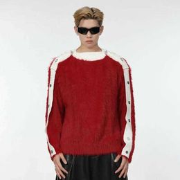 Men's Sweaters Fewq Autumn Winter Metal Button Off Shoulder Sweater Loose Fitting Design Contrast Colour Male Pullover Fashion