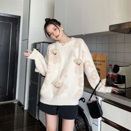 Autumn Winter New Love Decorative Bear Letter Flocking Sweater Y2K Street Fashion Loose Round Neck Pullover Men and Wome