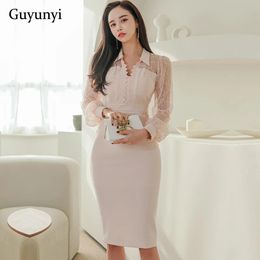 Sweaters High Waist Pencil Dress 2022 Spring Pink Shirt Collar Sexy Seethrough Lace Puff Sleeves Elegant Women's Tight Office Dress