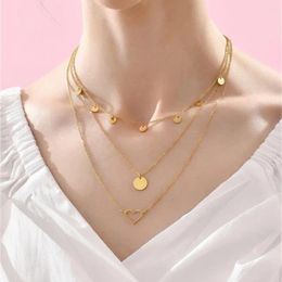 Pendant Necklaces Fashion Gold Plated Chain Round Sequin Heart Frame Necklace For Women Female Vintage Simple Multilevel Boho Jewelry Gift