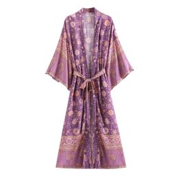 Swimwear Summer Purple Floral Print Beach Wrap Dress Rayon Cotton Boho Robes Bathing Suit Bikini Cober Up Brach Kimono Vestido De Playa