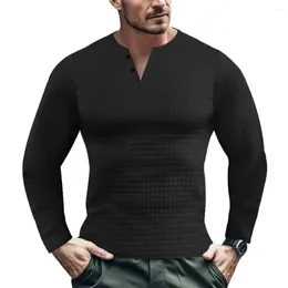 Men's T Shirts Men Slim Fit Chequered Jacquard T-shirt V-neck Long Sleeve Solid Colour Sport Tops For Autumn Winter