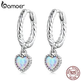 Stud Bamoer Vintage Sterling Sier Opal Heart Ear Buckles for Women Elegant Classic Hoop Earrings Fine Jewellery Wedding Gift