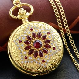 Pocket Watches Gold Luxury Ruby Watch Necklace Digital Pendant Chain Clock Fashion Sculpture Womens Mens Gift 231216