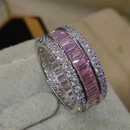 Victoria Wieck Luxury Jewelry Full Princess Cut Pink Sapphire 925 Sterling Silver Simulated Diamond Gemstones Wedding Band Ring Si187a