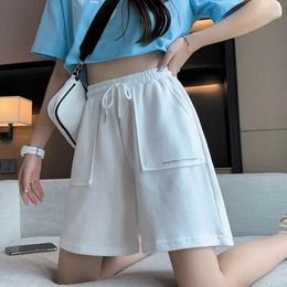 Women's Pants Shorts For Women 2023 Summer Elastic Waist Knee Length Sport Wide Leg Letter Print LaceUp Drawstring Female Casual Bottoms