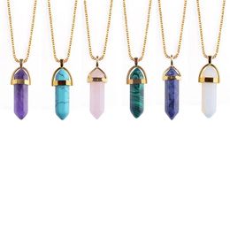 2017 Hexagonal column Natural Stone Healing Point Pendant Necklaces Amethyst Crystal Quartz Stone Necklace Women Gem stone1828