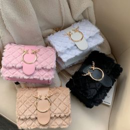 Chain Antler Buckle Lamb Plush Fur Shoulder Bags Purse Handbags For Women Winter Fashion Elegant Ladies Sling Bag FMT-4077