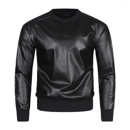 Men's Sweaters Autumn Men Pullover Round Neck Stretch Stitching Leather Man Hoodie Long Sleeve Trendy Cool Fashion Top