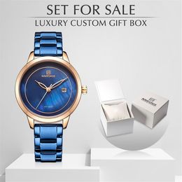 Women Watch NAVIFORCE Stainless Steel Lady Wristwatch Fashion Waterproof Ladies Watches Simple Blue Girl Clock Set For 246g