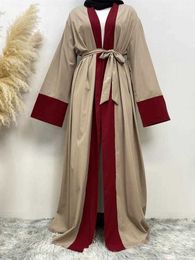 Plus Size Dresses Women Elegant Modest Muslim Islamic Full Length Open Front for Long Sleeve Red Dress Belted Rob