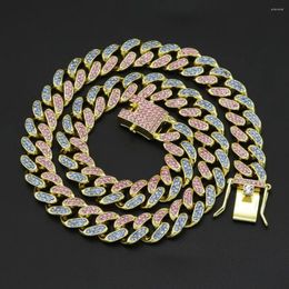 Chains Iced Out Micro Paved Pink Blue Crystal Rhinestones Cuban Link Chain Choker Necklace Street Style Rapper Jewellery For Men Women