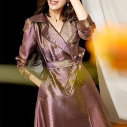 Women's Trench Coats 2023 Spring Autumn Womens Fashion Double Breasted Purple Golden Glitters Coat Long For Woman Clothes