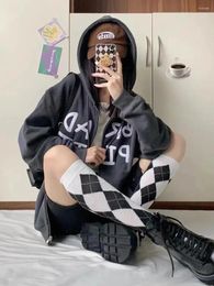 Women's Hoodies Deeptown Korean Fashion Zip Up Women Harajuku Streetwear Kpop Grey Hooded Sweatshirts Casual Loose Grunge Tops Autumn