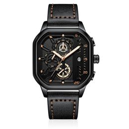 Cool Black NEKTOM Brand Hollow Out Mens Watches Accurate Quartz Watch Leather Strap Luminous Square Dial Wristwatches259d