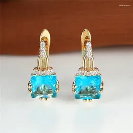 Dangle Earrings Luxury Female Light Blue Crystal Stone Classic Yellow Gold Color Clip Simple Bridal Wedding For Women