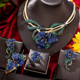 Necklace Earrings Set GODKI Trendy 4PCS Luxury Green Flower Statement Jewellery For Women Wedding Cubic Zircon African Dubai Bridal