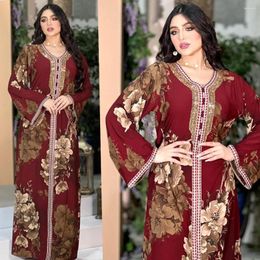 Ethnic Clothing Abaya Women Dubai Retro Printing Diamonds V-Neck Full Sleeve Loose Casual Muslim Arab Female Long Dress
