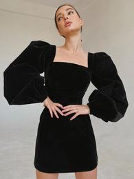 Dresses Mnealways18 Evening Puff Sleeve Women's Veet Dress Winter Black Sexy Bodycon Dress Square Collar Formal Dresses Elegant 2023