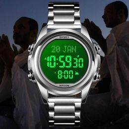 Wristwatches SKMEI 1667 Muslim Watch Qibla Time Reminder Nmane Display Compass Relibious Month Day Wristwatch For Islamic Kids Ram232R