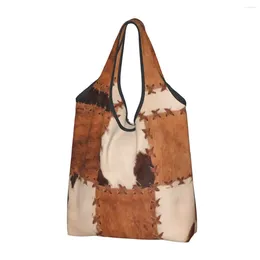 Shopping Bags Patchwork Cowhide Rustic Western Decor Reusable Grocery Foldable 50LB Weight Capacity Eco Bag Eco-Friendly