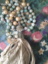 Necklaces Amazonite Sari Silk Tassel Necklace Shabby Boho Knot Stone Beads Necklace