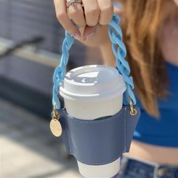 Hooks & Rails PU Leather Milk Tea Hand-Held Holder Detachable Chain Outdoor Picnic Portable Coffee Cup Outer Packaging Bag Without229i