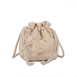 Evening Bags Bucket Type Strip Woven Bag Women's Fashion Lace Versatile Ins Drawstring Single Shoulder Crossbody Straw