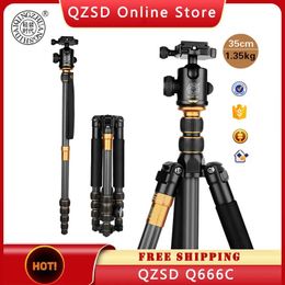 Holders QZSD Q666C Carbon Fibre Tripod Monopod Ballhead For DSLR Digital DV Camera Portable Photo Stand Carry Bag Ball Head