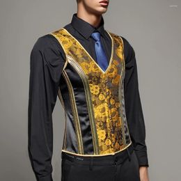 Men's Body Shapers Men Corset Vest Gold Floral Print Vintage Waistcoat Lace Up Bones Stage Costume Quality Slimming Tops For Wedding XS TO