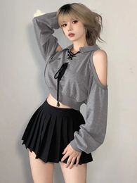 Womens Hoodies Sweatshirts Deeptown Y2K Vintage Gray Cropped Women Harajuku Sexy Off Shoulder Korean Loose Casual Chic Tops Gothic Kpop 231215