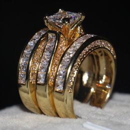 Vecalon Fashion 3-in-1 Women ring Princess cut 7mm Simulated diamond Cz Yellow Gold 925 Sterling Silver wedding Band ring Set264a