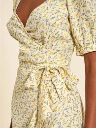 Party Dresses 2023 Summer Female Slim Waist Ruffles Trim Short Robes Women Sleeve Floral Print Wrap Mini Dress Pastoral Style