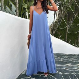 Casual Dresses 2024 Spring Summer Viscose Soild Strap Loose Maxi Dress Women V-neck Sleeveless Elegant Vacation Steetwear Beach Outifit