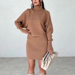 Skirts Two Piece Set Turtleneck Sets Solid Knitting Autumn Winter Women Elegant Vintage Casual Streetwear Mini