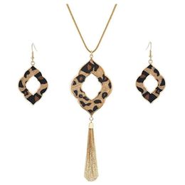 Earrings & Necklace Long For Women Leopard Print Cheetah Leather Drop Dangle Set Geometric Pendant Fringe Tassel2554