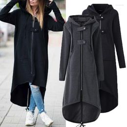 Women's Trench Coats Windbreaker Women Hooded Long Sleeve Zipper Drawstring Casual Irregular Coat Solid 2023