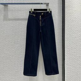 Women's Jeans Fashion Design Zipper Decoration Straight Women Navy Blue High Waist Pockets Patchwork Streetwear Cool Denim Pants