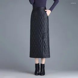 Skirts Winter High Waist Thick Quilted Black PU Leather Skirt Women Vintage Elegant Slim Casual Straight Bodycon Long M-4XL 3207