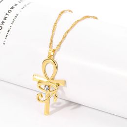 Egyptian Ankh 14k Yellow Gold Cross Pendant Necklace for Women Men Amulet Eye of Horus Symbol of Life Cross Necklaces African Jewelry Gifts