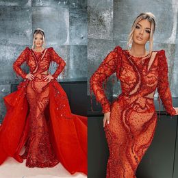 Mermaid Evening Dresses With Detachable Train Beading Lace Long Sleeve Prom Gowns Red Carpet Show Special Ocn Dress 0505