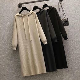 Casual Dresses 2023 V-neck Women's Knitted Extra Long Dress Autumn Elegant Ribbed Sleeve Hooded F146