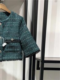 Women's Pants Women Contrast Color Plaid Green Tweed Set Autumn Ladies Long Sleeve Single Breasted O-Neck Jacket Or Wide Leg