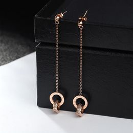 YUN RUO Fashion Double Circle Zircon Tassel Stud Earring Woman Rose Gold Color Titanium Steel Jewelry Birthday Gift Not Fade306g