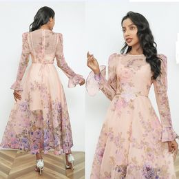 Designer Floral Elegant Fit Party Dress Robe Flare Sleeve Mock Neck Woman Slim Vacation Ballgown Boho Maxi Dresses 2024 Spring Fall Chic Runway Linen Frocks