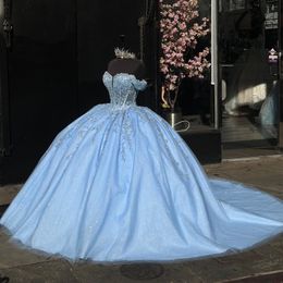 Sky Blue Sweetheart Quinceanera Dresses For 16 Party Princess Appliques Tulle Lace Beads Birthday Party Dress vestidos de 15 Ball