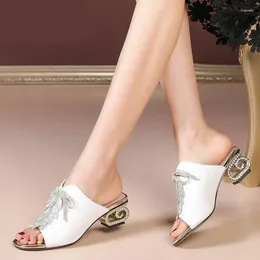 Slippers 2023 Design Women Rhinestone Leaf Strange Heel Summer Shoes Slides Peep Toe White Black Dropship