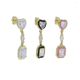 Dangle Earrings Classic Pink White Black Enamel Cz Pave Geometric Heart Rectangle Zircon Gold Colour Women Fashion Jewellery