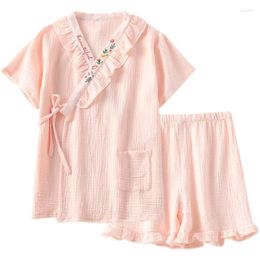 Ethnic Clothing Japanese Embroidery Kimono Women Pure Cotton Summer Short Sleeve Shorts Wooden Ear Lace Home Dress Two Sets Thin