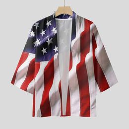 Men's Casual Shirts Male Spring And Summer Independence Day Cool Semi Long Sleeve Cardigan All Print Printed One Shirt Pack T For Men